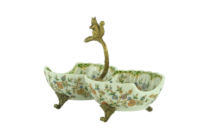 Porcelain Double Tray with Floral Decoration and Bronze Squirrel Unique Centerpiece Porcelain Bowl Jugendstil Art Object Squirrel Decoration