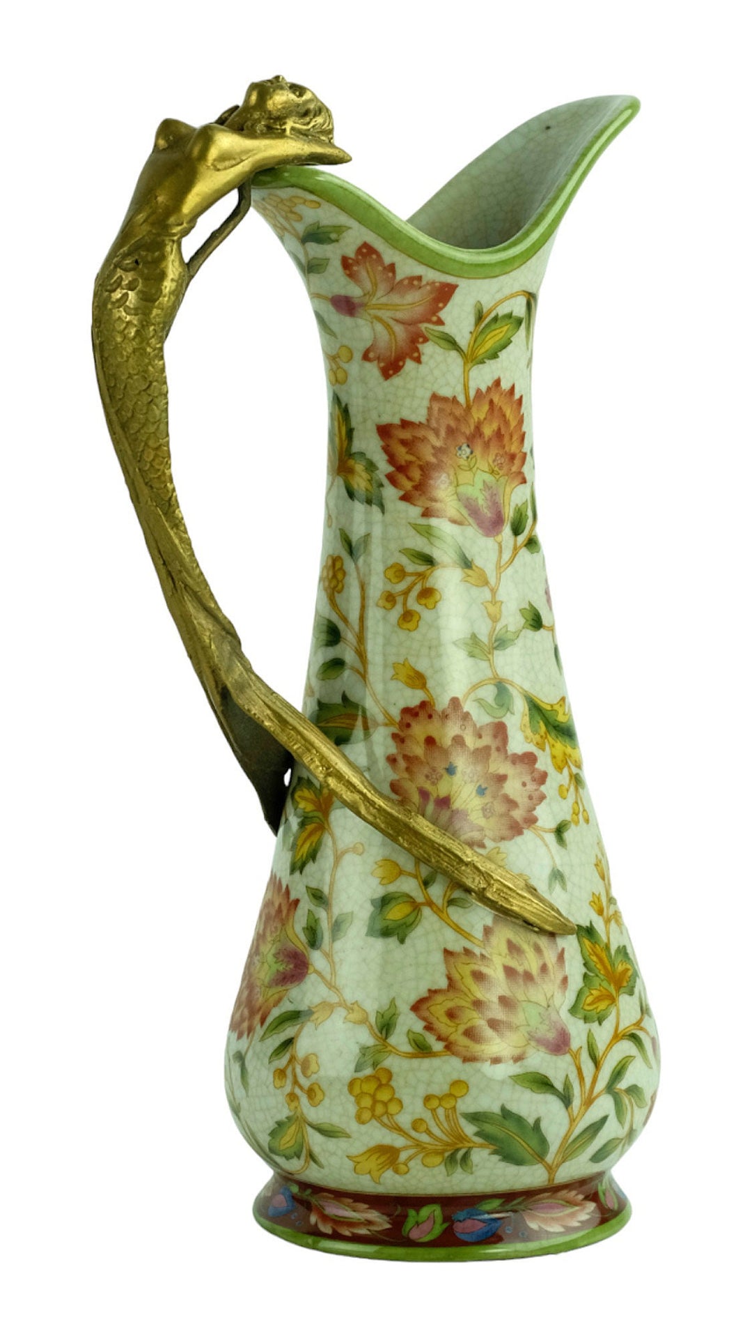Jugendstil Style Porcelain Jug with Floral Decoration and Bronze Mermaid Grip Art Nouveau Style Water Jug Jugendstil Lovers Gift Art Item