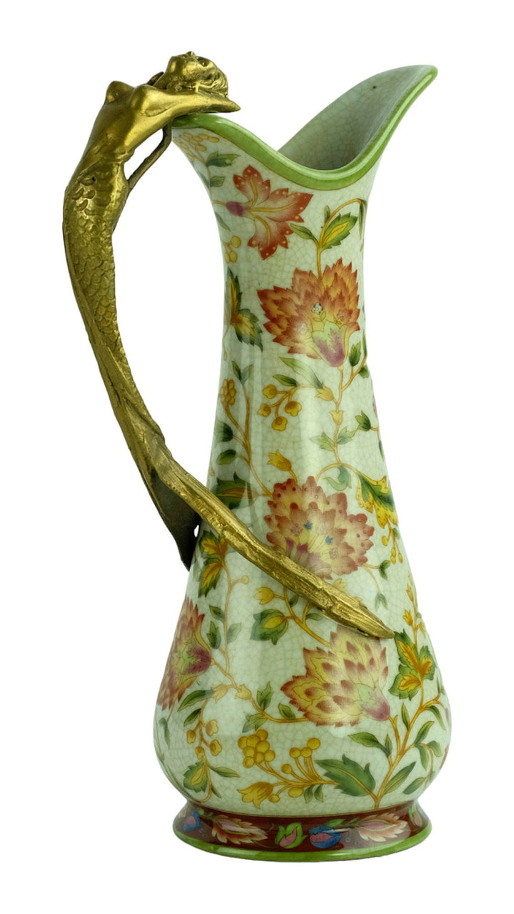 Jugendstil Style Porcelain Jug with Floral Decoration and Bronze Mermaid Grip Art Nouveau Style Water Jug Jugendstil Lovers Gift Art Item
