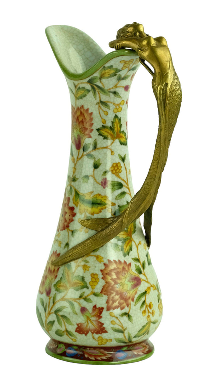 Jugendstil Style Porcelain Jug with Floral Decoration and Bronze Mermaid Grip Art Nouveau Style Water Jug Jugendstil Lovers Gift Art Item