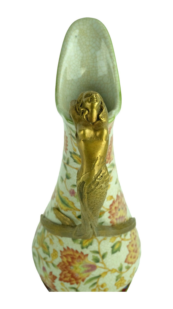 Jugendstil Style Porcelain Jug with Floral Decoration and Bronze Mermaid Grip Art Nouveau Style Water Jug Jugendstil Lovers Gift Art Item