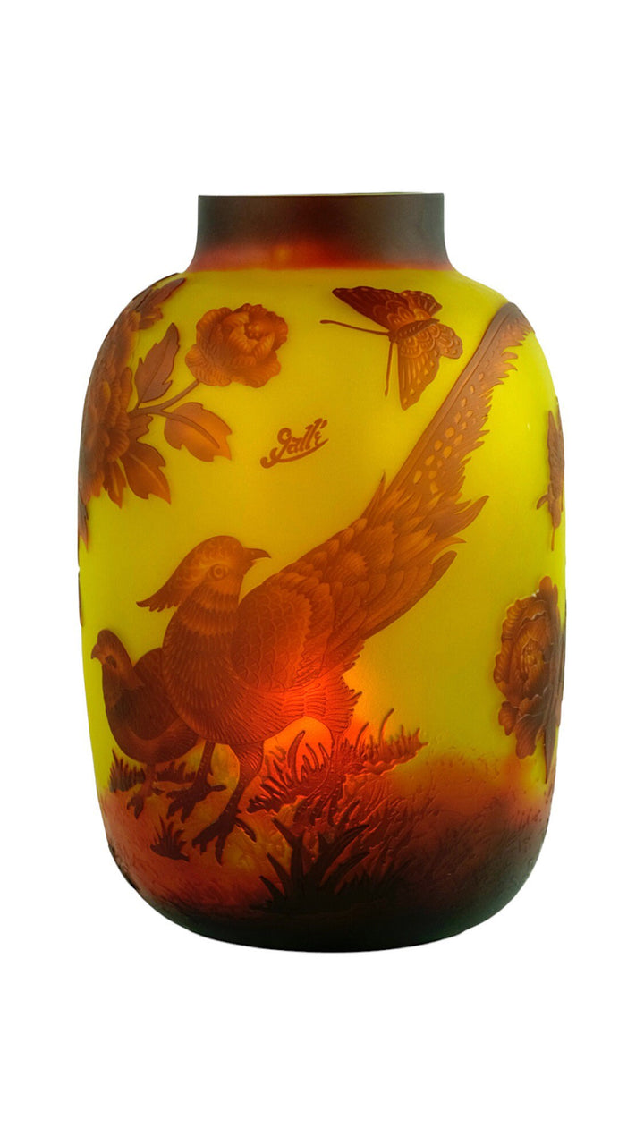 Cameo Glass Vase with Pheasant Decor in the Style of Emile Gallé Glass Art Nouveau Vase Decorative Vase Art Nouveau Decoration Art Vase
