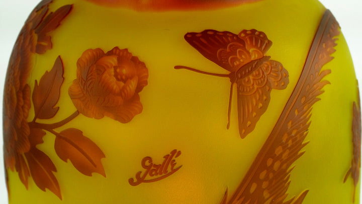 Cameo Glass Vase with Pheasant Decor in the Style of Emile Gallé Glass Art Nouveau Vase Decorative Vase Art Nouveau Decoration Art Vase
