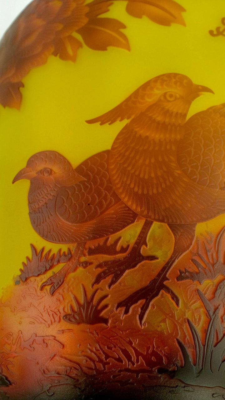 Cameo Glass Vase with Pheasant Decor in the Style of Emile Gallé Glass Art Nouveau Vase Decorative Vase Art Nouveau Decoration Art Vase