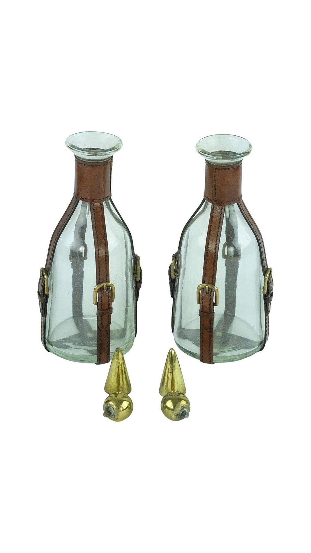 Set of Two Glass Cognac Decanters with Leather Straps in Art Deco Style Cognac Lovers Gift Cognac Bottle Liquor Decanter Mancave Decoration