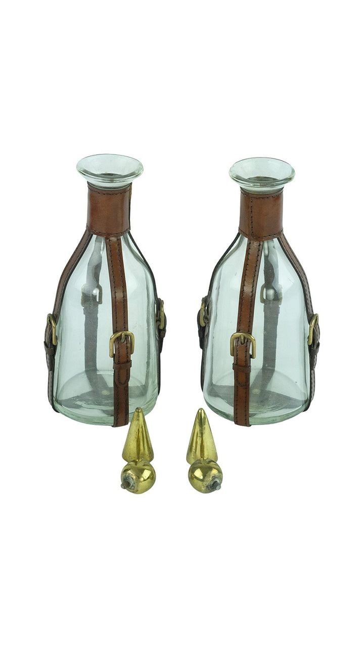 Set of Two Glass Cognac Decanters with Leather Straps in Art Deco Style Cognac Lovers Gift Cognac Bottle Liquor Decanter Mancave Decoration
