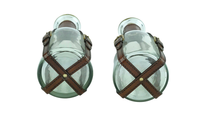 Set of Two Glass Cognac Decanters with Leather Straps in Art Deco Style Cognac Lovers Gift Cognac Bottle Liquor Decanter Mancave Decoration