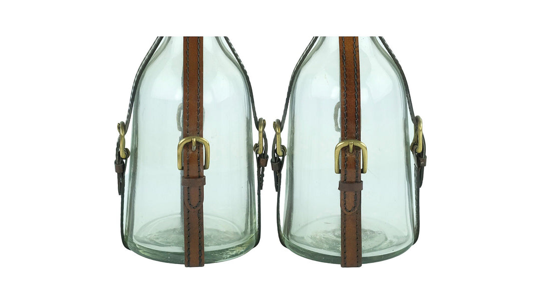 Set of Two Glass Cognac Decanters with Leather Straps in Art Deco Style Cognac Lovers Gift Cognac Bottle Liquor Decanter Mancave Decoration