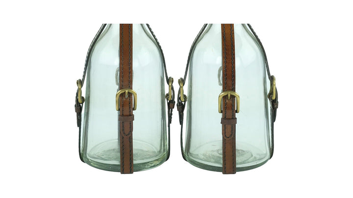 Set of Two Glass Cognac Decanters with Leather Straps in Art Deco Style Cognac Lovers Gift Cognac Bottle Liquor Decanter Mancave Decoration
