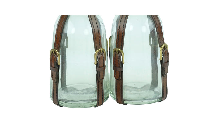 Set of Two Glass Cognac Decanters with Leather Straps in Art Deco Style Cognac Lovers Gift Cognac Bottle Liquor Decanter Mancave Decoration