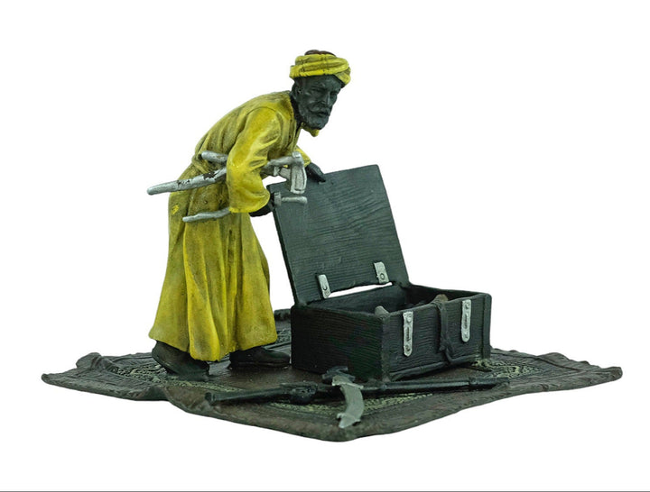 Cold Painted Bronze Sculpture of an Arabian Male on a Rug with Weapon Chest in Vienna Bronze Style Franz Bergman Bronzes Art Nouveau Statue