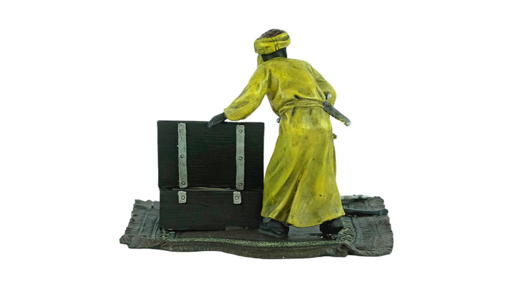 Cold Painted Bronze Sculpture of an Arabian Male on a Rug with Weapon Chest in Vienna Bronze Style Franz Bergman Bronzes Art Nouveau Statue