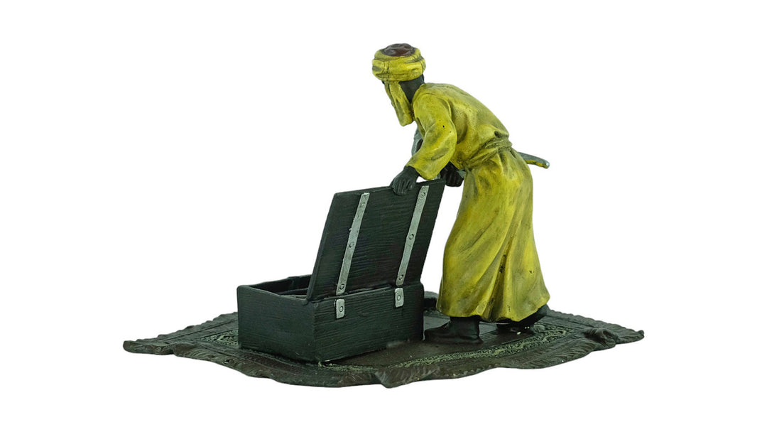 Cold Painted Bronze Sculpture of an Arabian Male on a Rug with Weapon Chest in Vienna Bronze Style Franz Bergman Bronzes Art Nouveau Statue