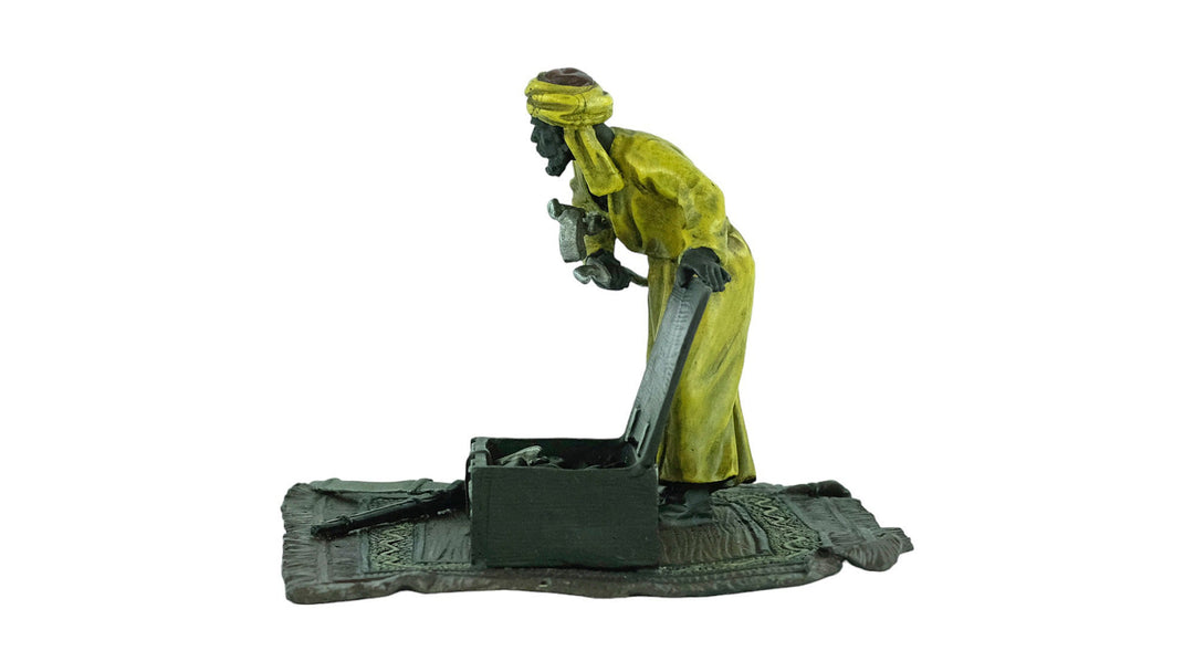 Cold Painted Bronze Sculpture of an Arabian Male on a Rug with Weapon Chest in Vienna Bronze Style Franz Bergman Bronzes Art Nouveau Statue