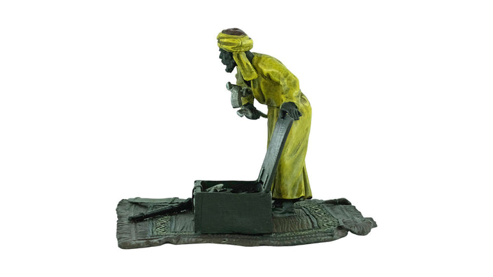 Cold Painted Bronze Sculpture of an Arabian Male on a Rug with Weapon Chest in Vienna Bronze Style Franz Bergman Bronzes Art Nouveau Statue