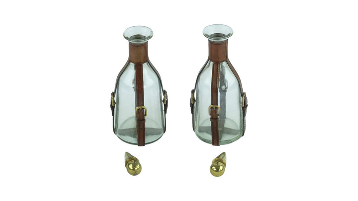 Set of Two Glass Cognac Decanters with Leather Straps in Art Deco Style Cognac Lovers Gift Cognac Bottle Liquor Decanter Mancave Decoration