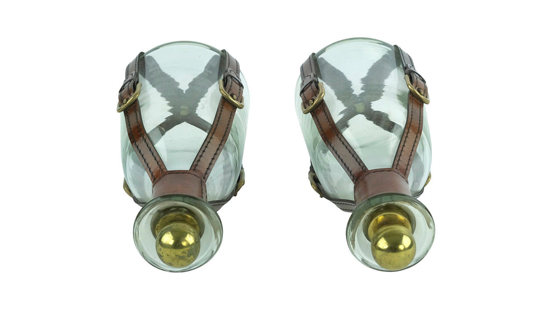 Set of Two Glass Cognac Decanters with Leather Straps in Art Deco Style Cognac Lovers Gift Cognac Bottle Liquor Decanter Mancave Decoration