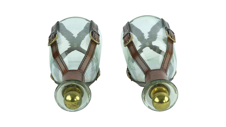 Set of Two Glass Cognac Decanters with Leather Straps in Art Deco Style Cognac Lovers Gift Cognac Bottle Liquor Decanter Mancave Decoration