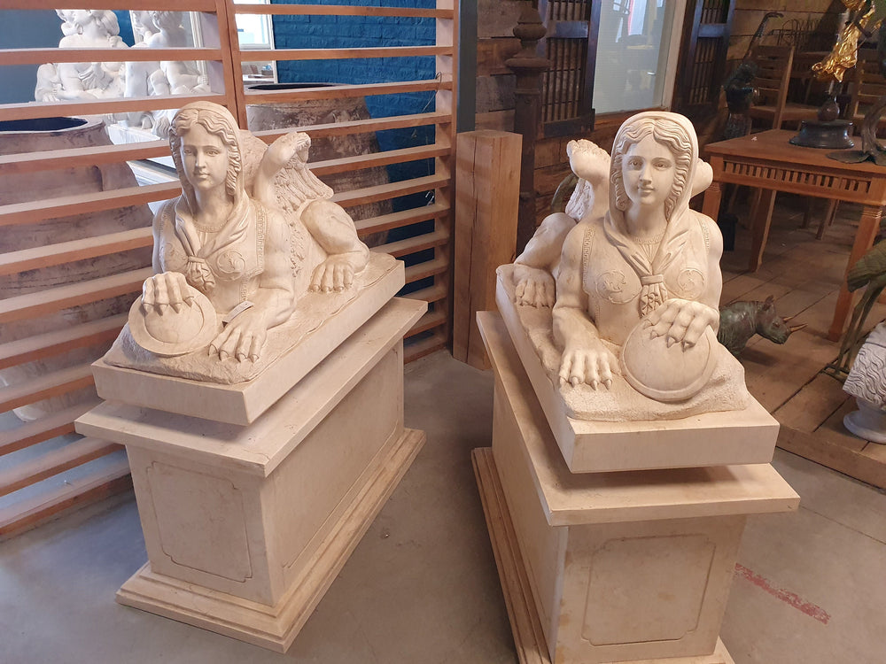 Large Pair of Marble Sphinx Sculptures Winged Sphinx Statues Large Outdoor Sculptures Entrance Sculptures Mythology Statues Egyptian Art