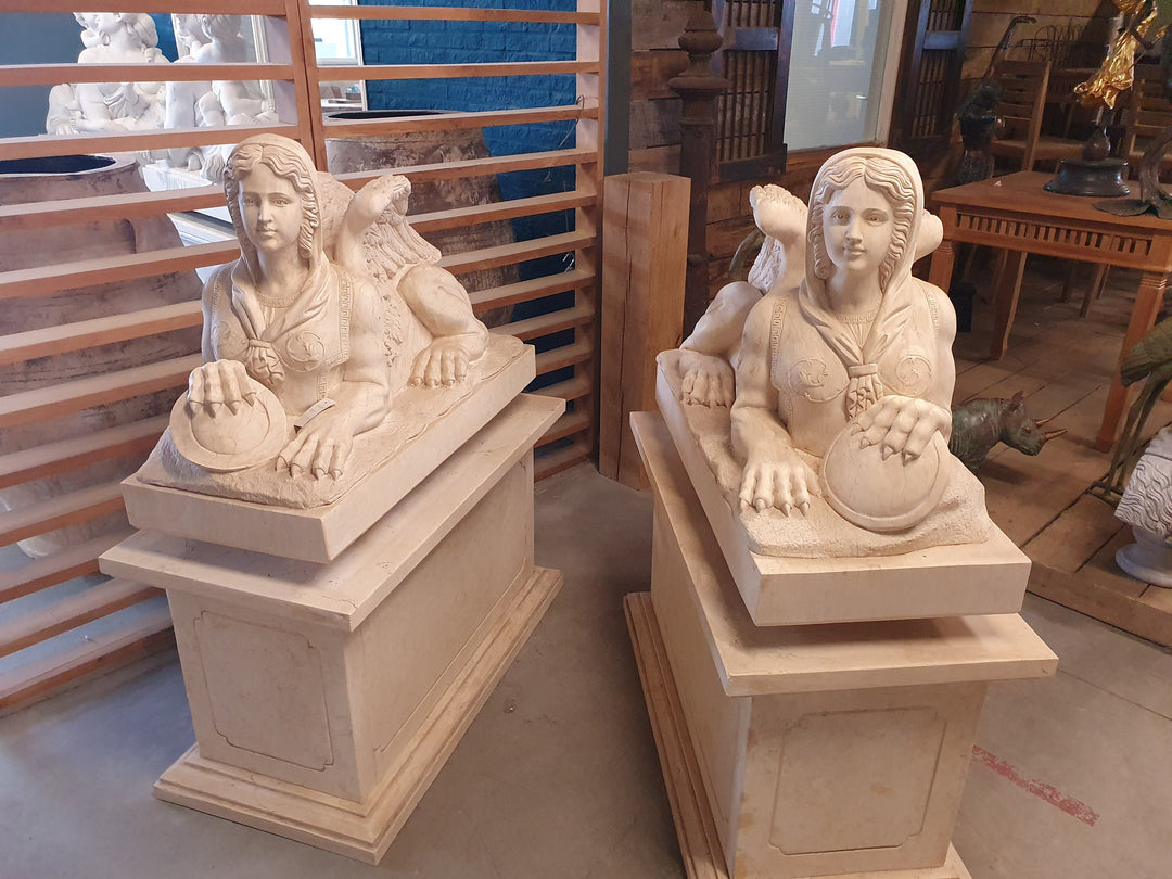 Large Pair of Marble Sphinx Sculptures Winged Sphinx Statues Large Outdoor Sculptures Entrance Sculptures Mythology Statues Egyptian Art