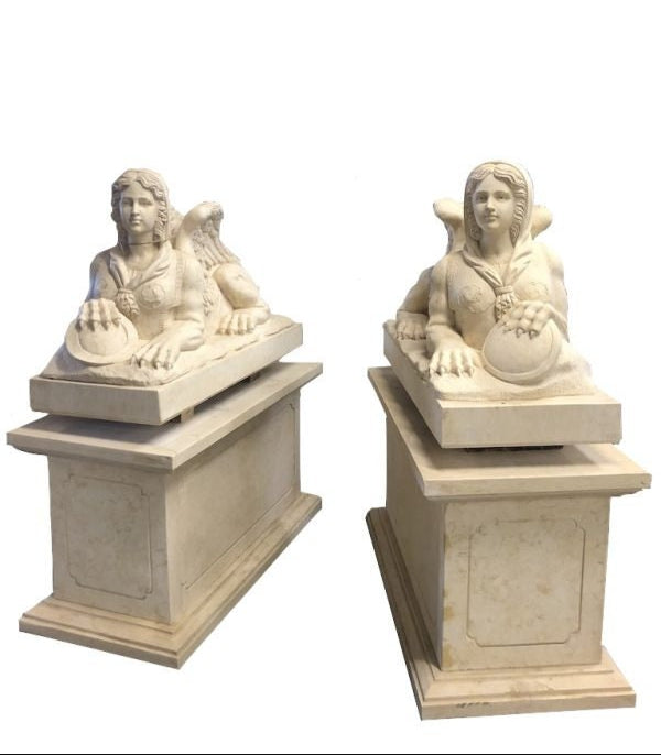 Large Pair of Marble Sphinx Sculptures Winged Sphinx Statues Large Outdoor Sculptures Entrance Sculptures Mythology Statues Egyptian Art