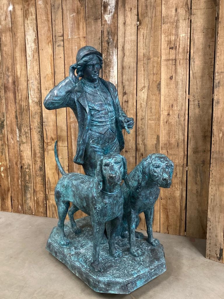 Lifesize Bronze Sculpture of a Hunter with Hounds in the Style of Jacquemart Outdoor Hunting Sculpture Bronze Hunting Statue Hunting Decor