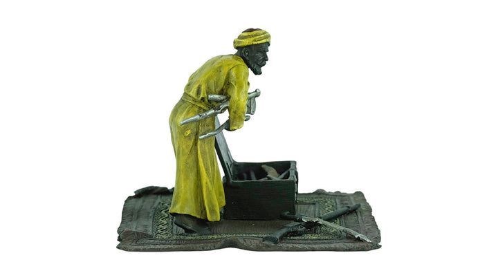 Cold Painted Bronze Sculpture of an Arabian Male on a Rug with Weapon Chest in Vienna Bronze Style Franz Bergman Bronzes Art Nouveau Statue