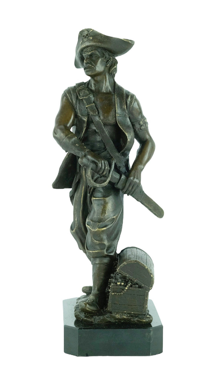 Bronze Sculpture of a Pirate with Treasure Chest and Sword Pirate Lovers Gift Pirate Decoration Bronze Art Statue Bronze Pirate Sculpture