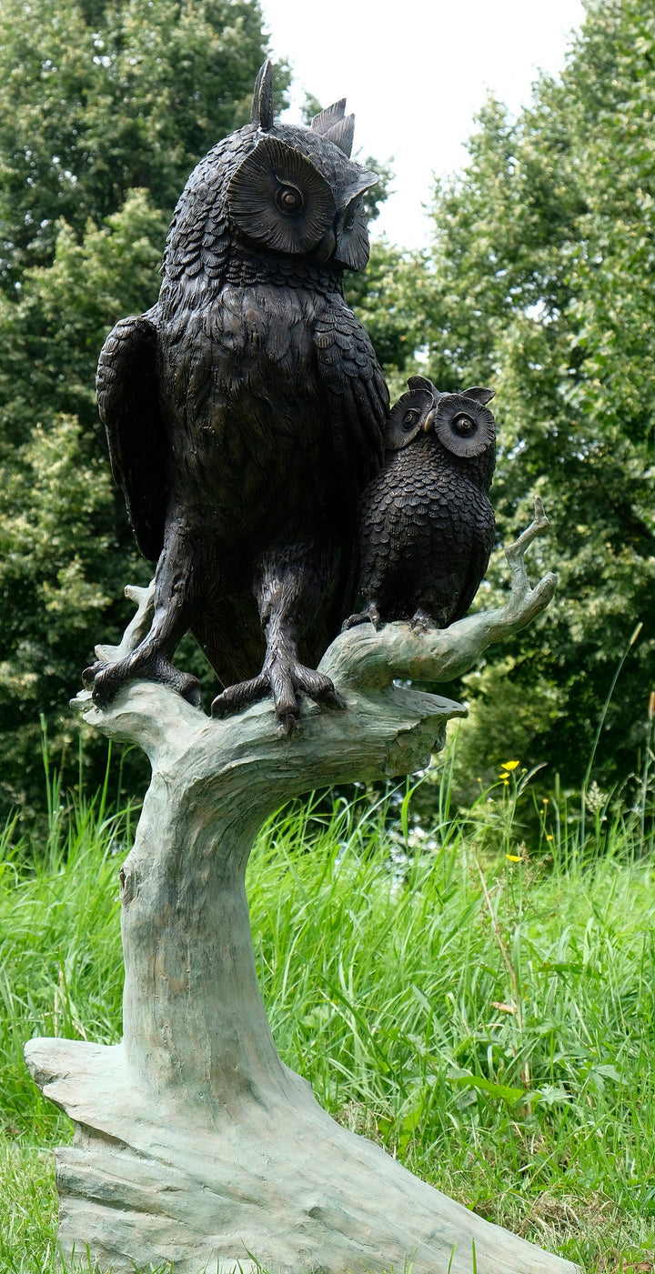 Large Bronze Sculpture of an Owl with Owlet on Tree Trunk Bronze Outdoor Statue Owl Decoration Wildlife Sculpture Bronze Owl Statue Garden