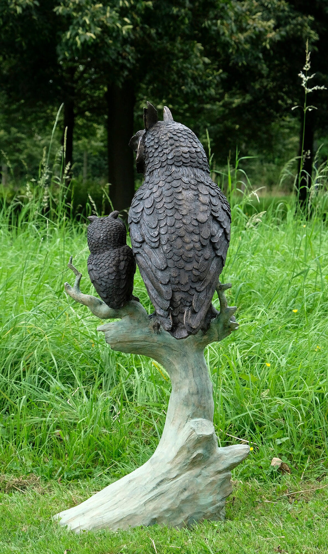 Large Bronze Sculpture of an Owl with Owlet on Tree Trunk Bronze Outdoor Statue Owl Decoration Wildlife Sculpture Bronze Owl Statue Garden