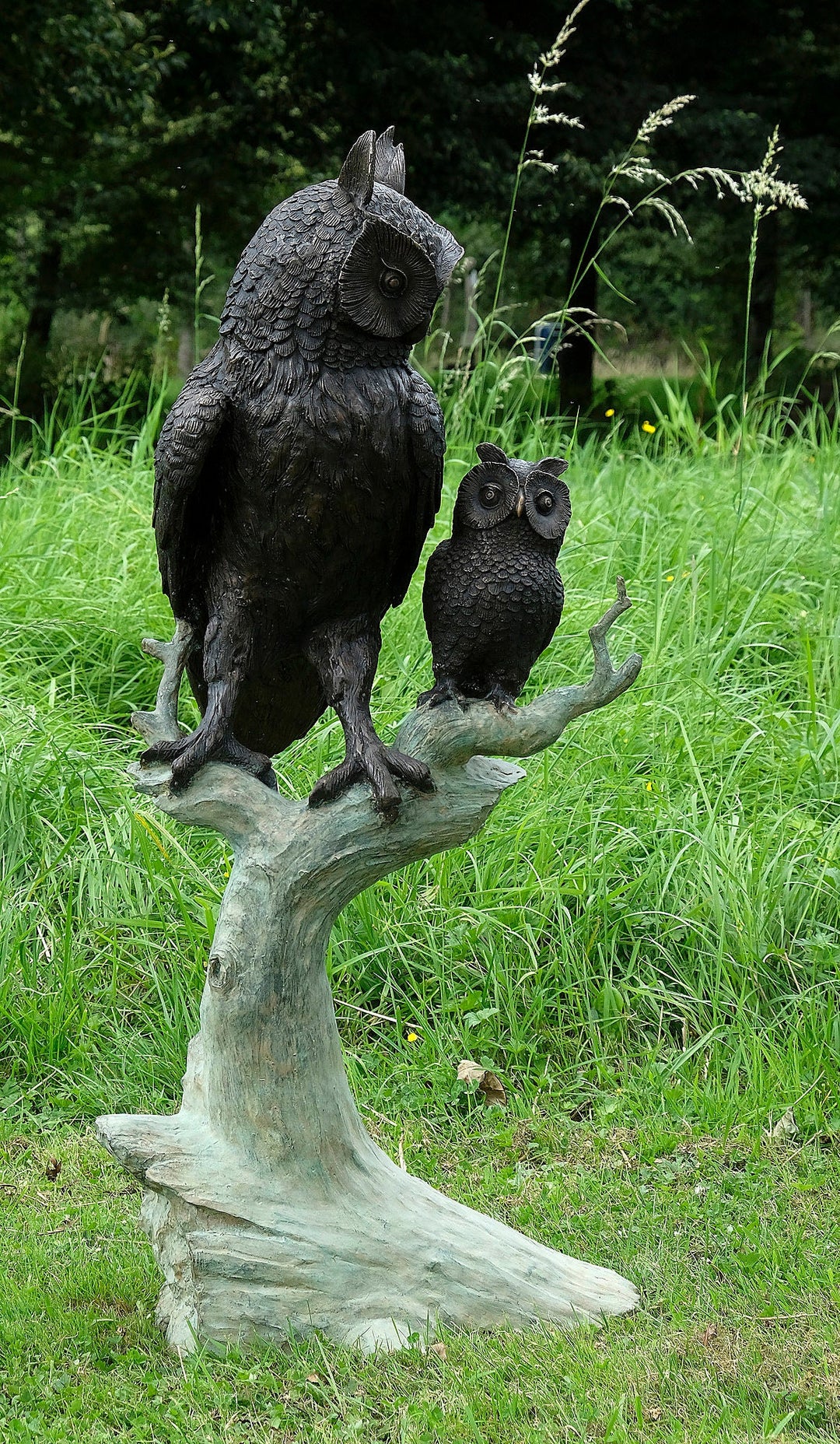 Large Bronze Sculpture of an Owl with Owlet on Tree Trunk Bronze Outdoor Statue Owl Decoration Wildlife Sculpture Bronze Owl Statue Garden