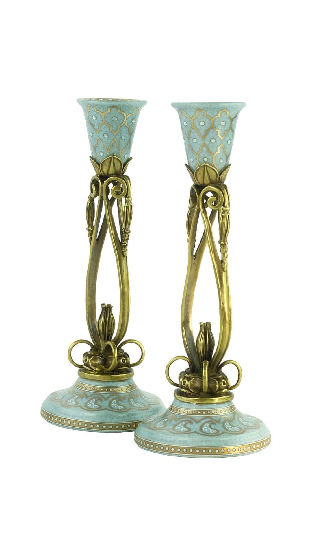 Pair of Bronze Mounted Porcelain Candle Holders in Jugendstil Style with Flower Motifs Art Nouveau Decoration Candlestick Holders Candle Art
