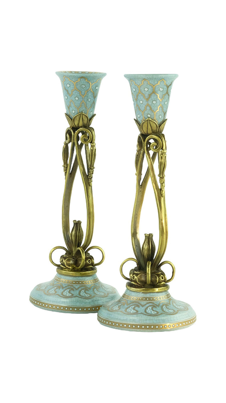 Pair of Bronze Mounted Porcelain Candle Holders in Jugendstil Style with Flower Motifs Art Nouveau Decoration Candlestick Holders Candle Art