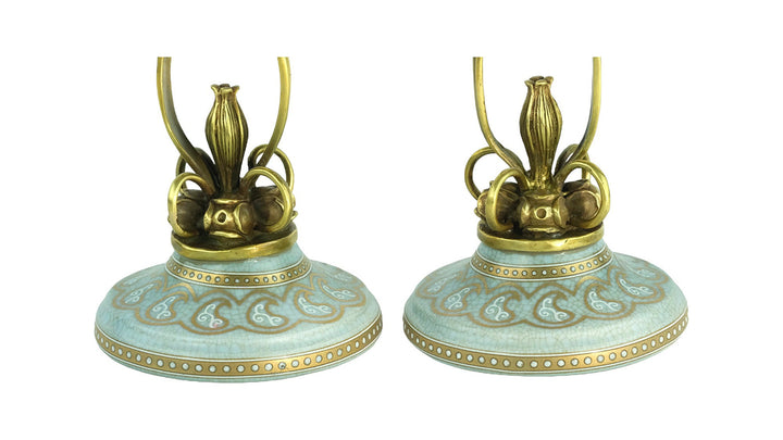 Pair of Bronze Mounted Porcelain Candle Holders in Jugendstil Style with Flower Motifs Art Nouveau Decoration Candlestick Holders Candle Art