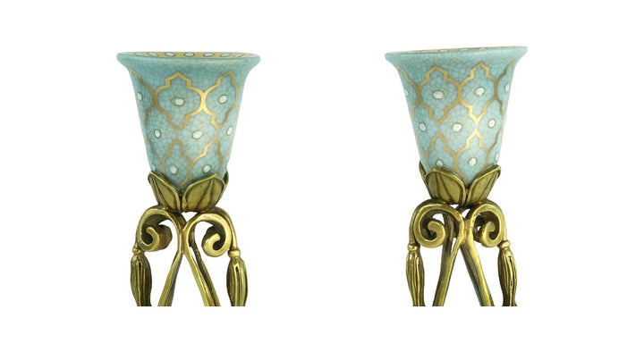 Pair of Bronze Mounted Porcelain Candle Holders in Jugendstil Style with Flower Motifs Art Nouveau Decoration Candlestick Holders Candle Art