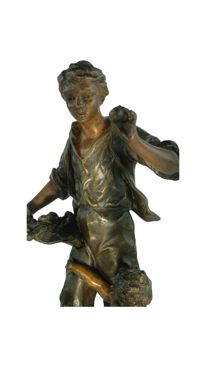 Antique Spelter Sculpture of a Young Male with Fruit and a Cherub by Ernest Rancoulet French Antique Statue Male with Putto Antique Art