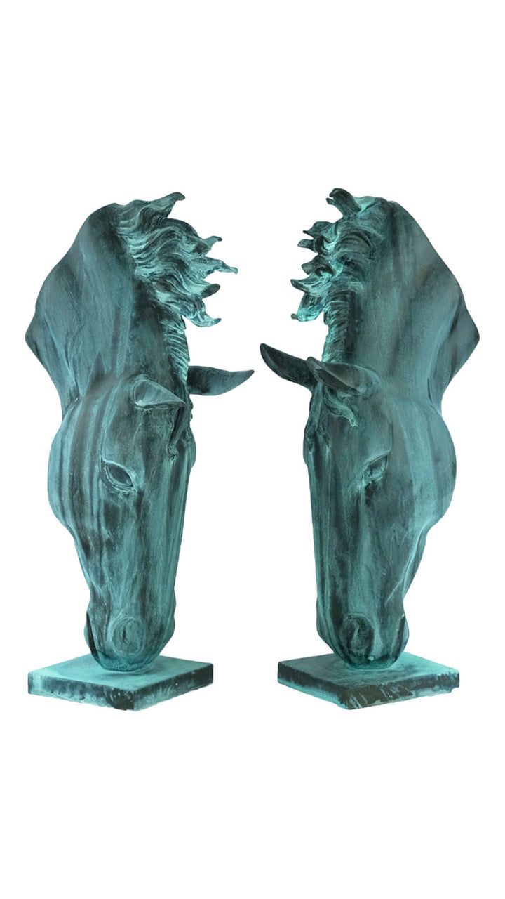 Pair of Bronze Drinking Horse Heads Bronze Horse Statues Animal Art Sculpture Outdoor Horse Sculptures Bronze Horse Head Sculpture Yard Art