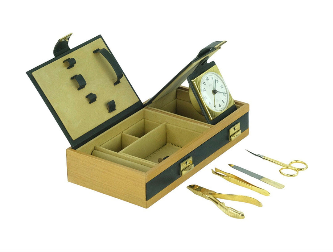 Solingen Travel Case with Travel Clock and Manicure Set Plus Jewellery Box Vintage Travel Case Solingen Germany Female Beauty Case Luxurious