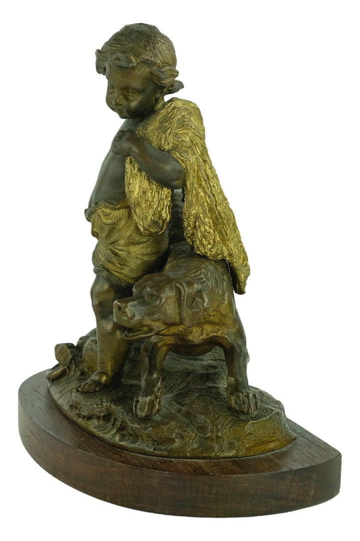 Antique Spelter Sculpture of a Boy with a Hunting Hound French Antiques Hunting Decoration Antique Statue Boy with Hunting Dog Sculpture