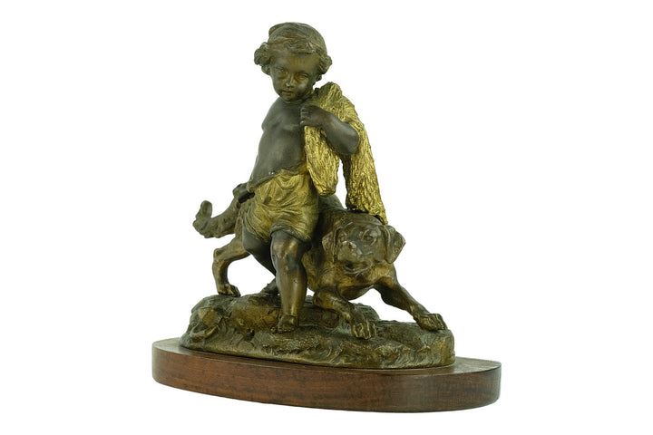 Antique Spelter Sculpture of a Boy with a Hunting Hound French Antiques Hunting Decoration Antique Statue Boy with Hunting Dog Sculpture