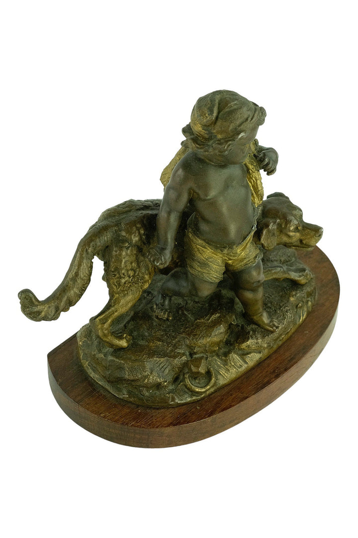 Antique Spelter Sculpture of a Boy with a Hunting Hound French Antiques Hunting Decoration Antique Statue Boy with Hunting Dog Sculpture