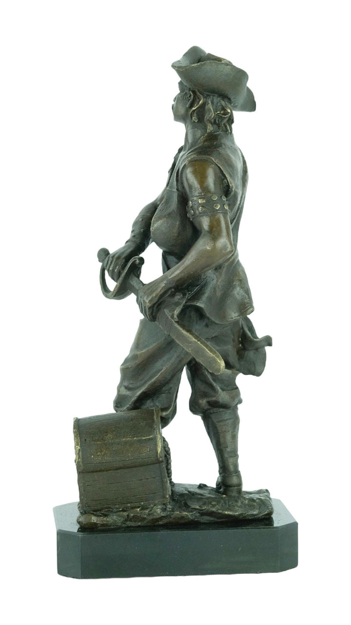 Bronze Sculpture of a Pirate with Treasure Chest and Sword Pirate Lovers Gift Pirate Decoration Bronze Art Statue Bronze Pirate Sculpture