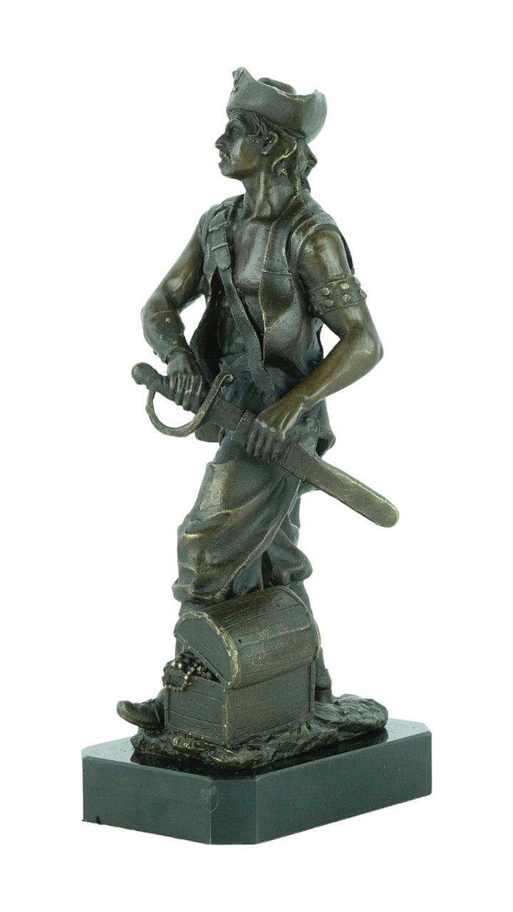 Bronze Sculpture of a Pirate with Treasure Chest and Sword Pirate Lovers Gift Pirate Decoration Bronze Art Statue Bronze Pirate Sculpture