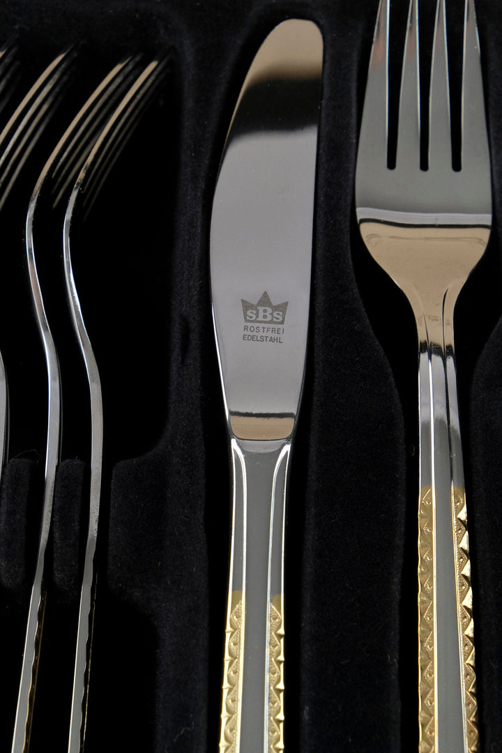 12 Persons Luxury Cutlery Set in Suitcase by SBS Solingen - 69 Pieces - 24 Carat Gold Plated Cutlery Set - German Cutlery Set by Solingen