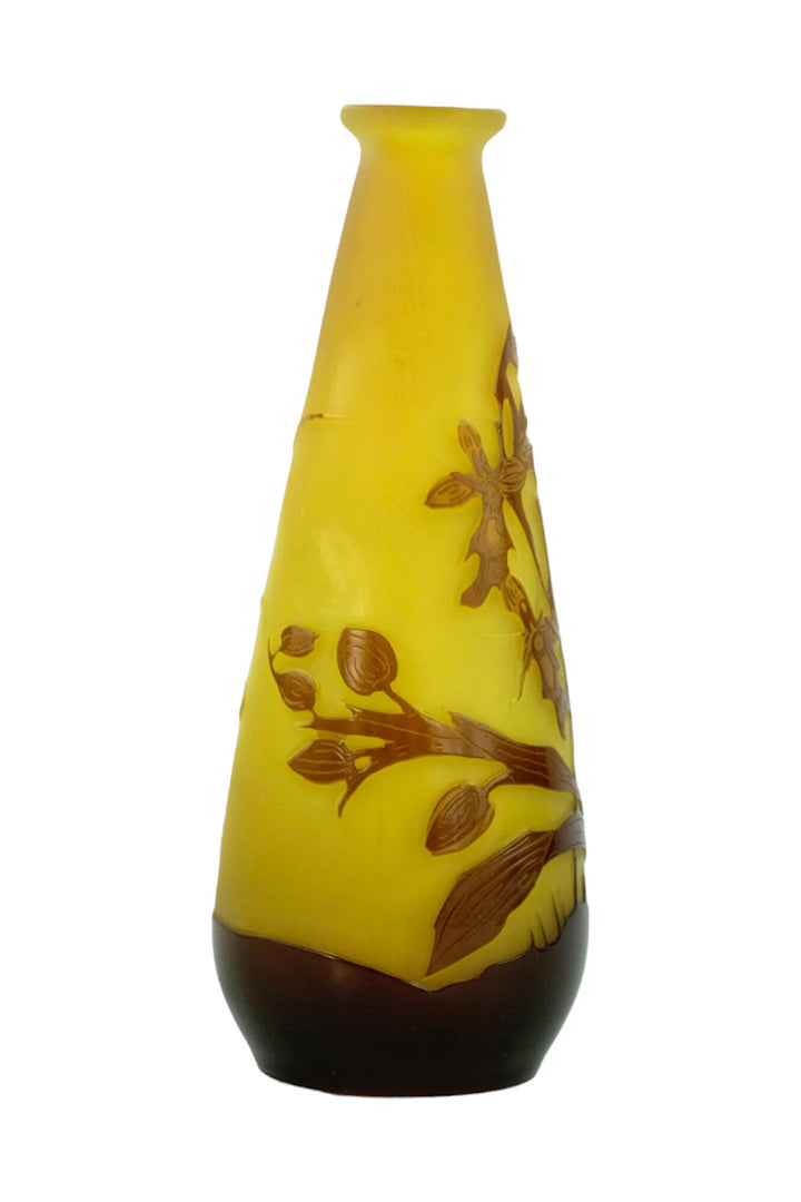 Original Cameo Glass Vase by Emile Galle with Floral Decor Art Nouveau Vase French Antiques Art Nouveau Decoration Glass Gallé Vase For Sale