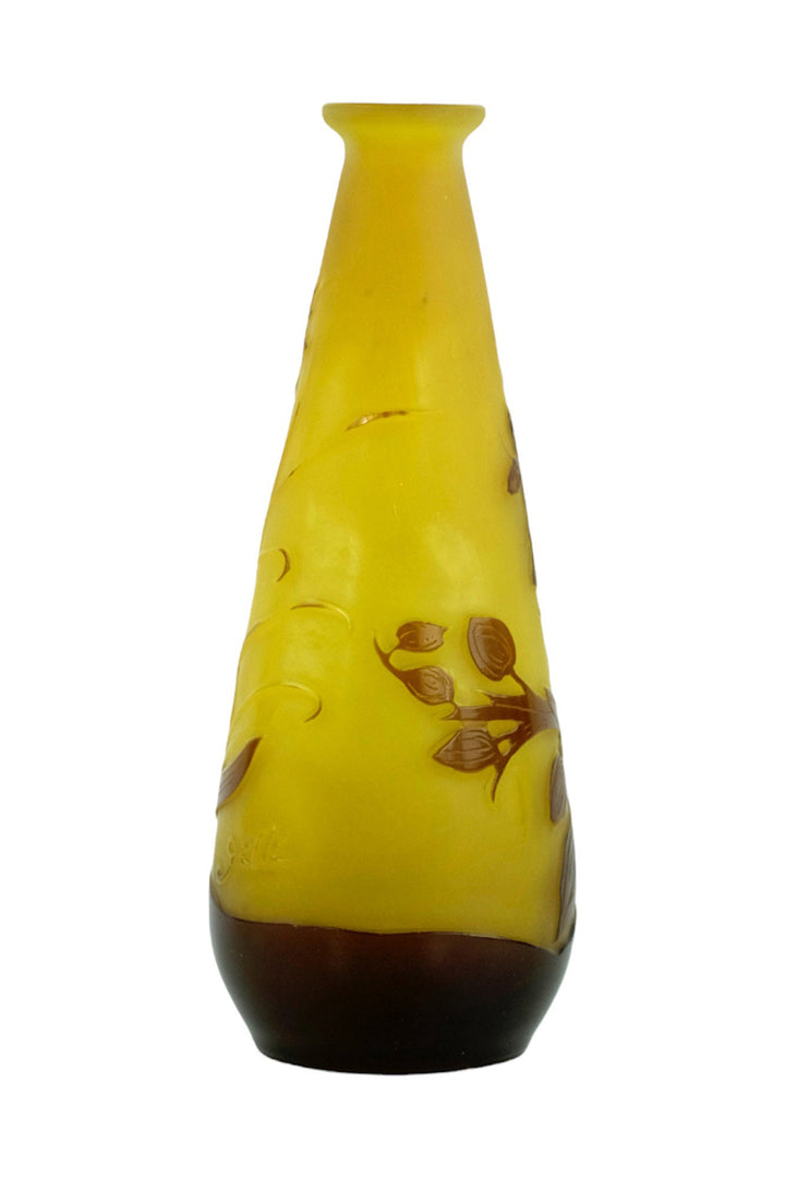 Original Cameo Glass Vase by Emile Galle with Floral Decor Art Nouveau Vase French Antiques Art Nouveau Decoration Glass Gallé Vase For Sale
