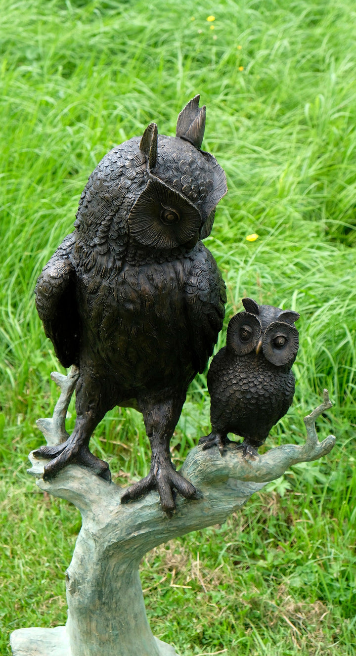 Large Bronze Sculpture of an Owl with Owlet on Tree Trunk Bronze Outdoor Statue Owl Decoration Wildlife Sculpture Bronze Owl Statue Garden
