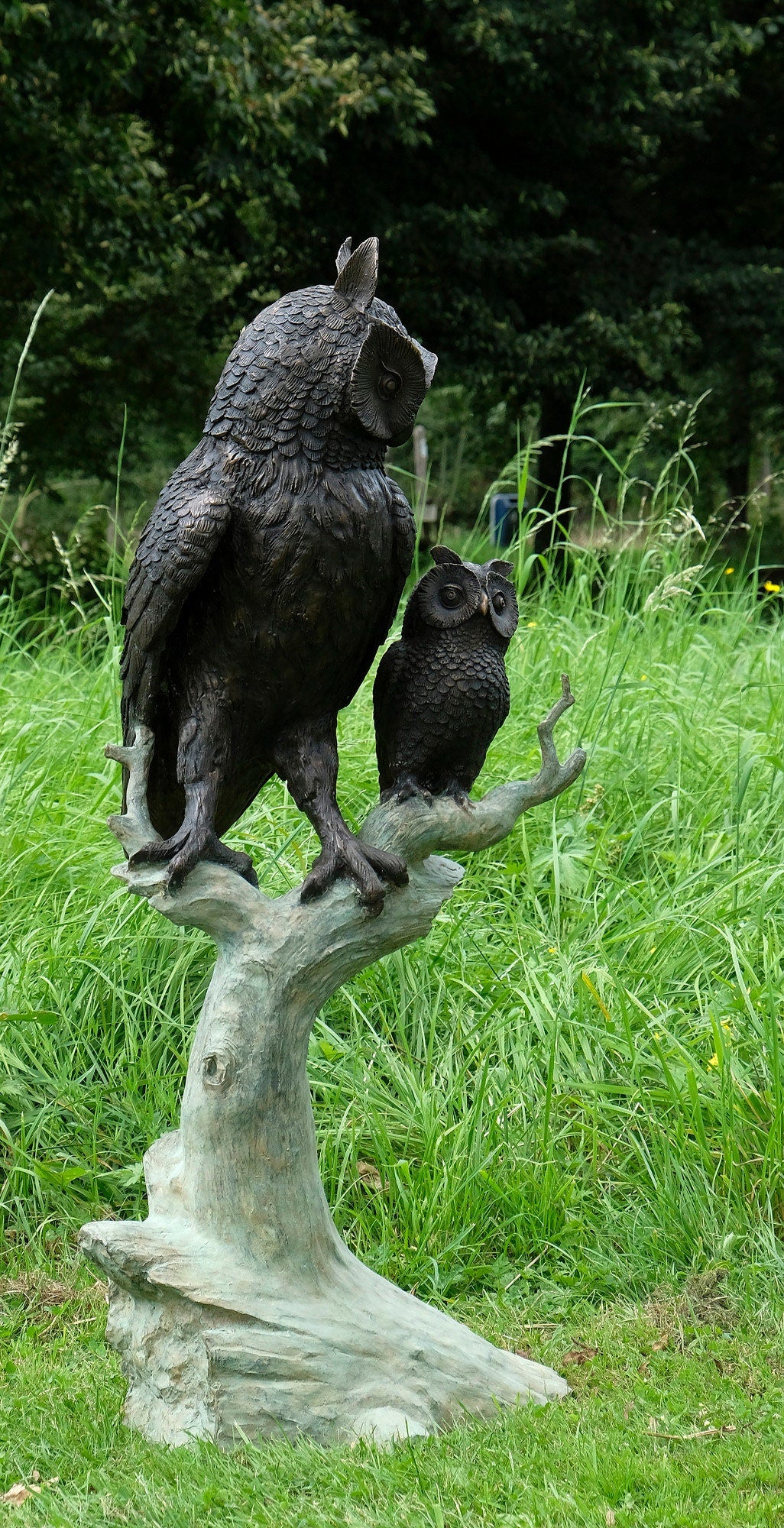 Large Bronze Sculpture of an Owl with Owlet on Tree Trunk Bronze Outdoor Statue Owl Decoration Wildlife Sculpture Bronze Owl Statue Garden
