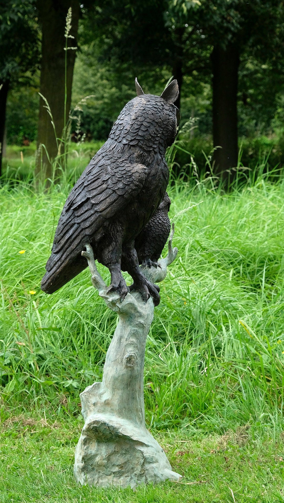 Large Bronze Sculpture of an Owl with Owlet on Tree Trunk Bronze Outdoor Statue Owl Decoration Wildlife Sculpture Bronze Owl Statue Garden
