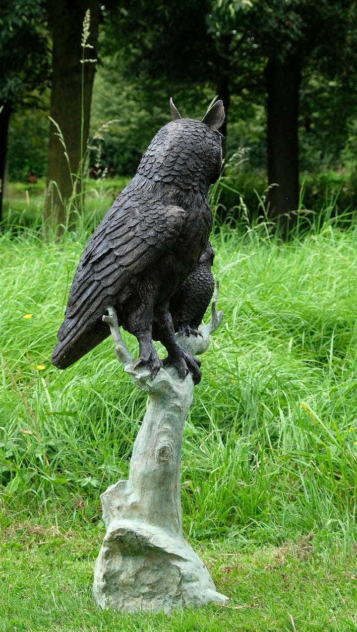Large Bronze Sculpture of an Owl with Owlet on Tree Trunk Bronze Outdoor Statue Owl Decoration Wildlife Sculpture Bronze Owl Statue Garden